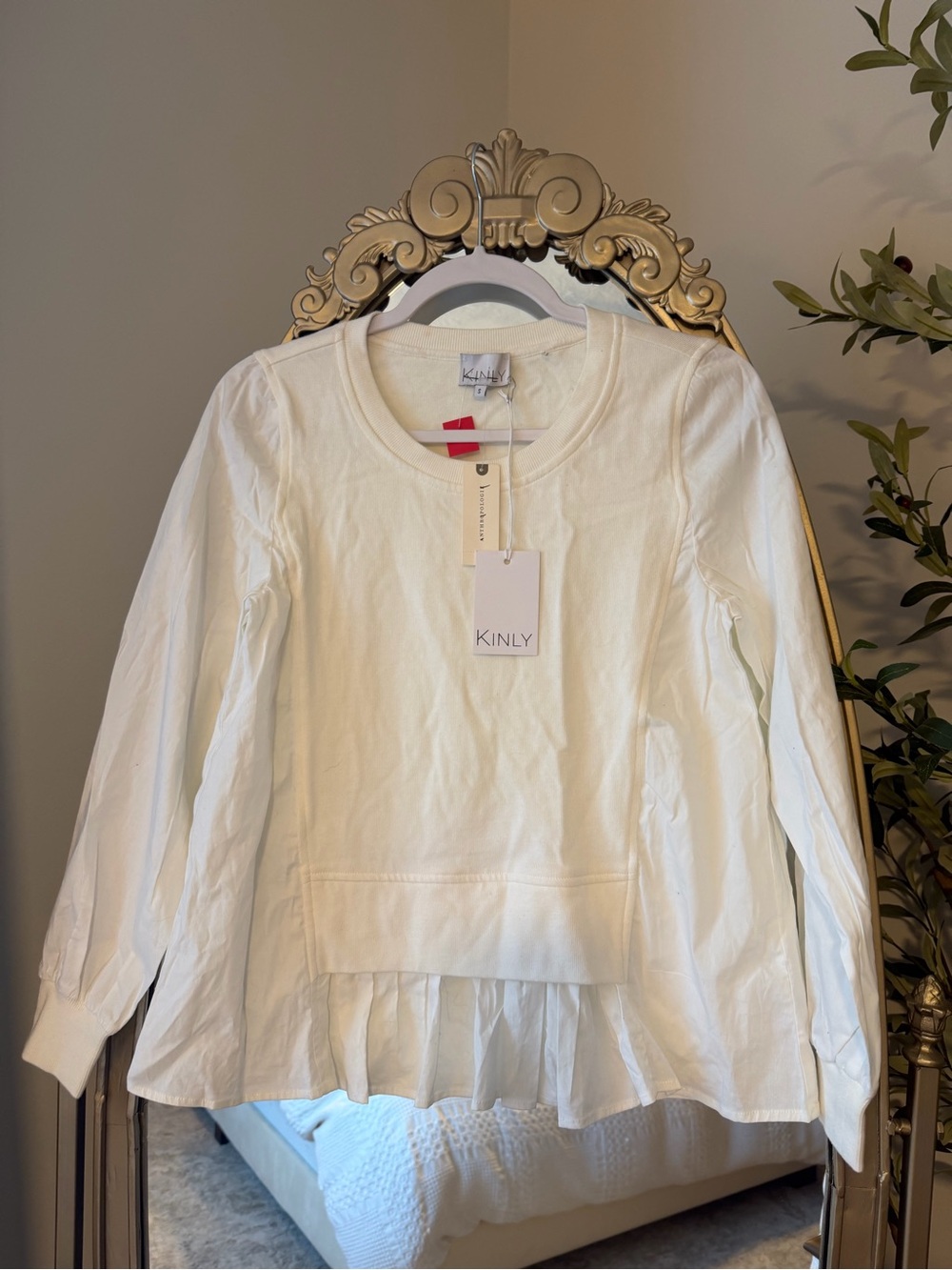 Anthropology - Cream Long-Sleeve Ruffle Hem Top